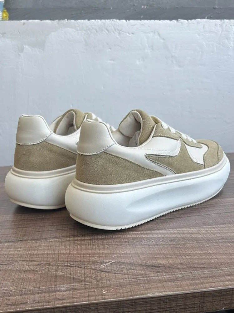 Youth Trend Solid Color Round Toe Platform Unisex Sneakers Handmade Genuine Leather Casual Shoes