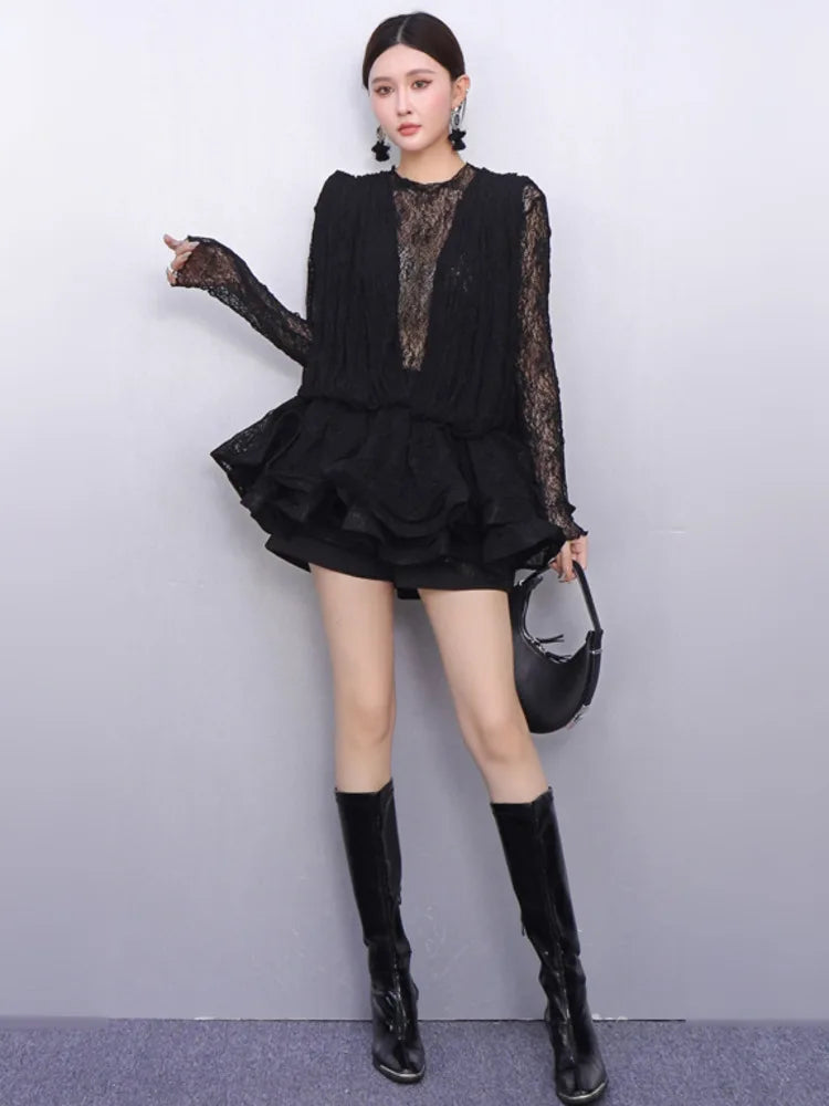2025 Autumn New Women's Set Loose 3D Lace Hem Top Two Piece Fashion Elegant