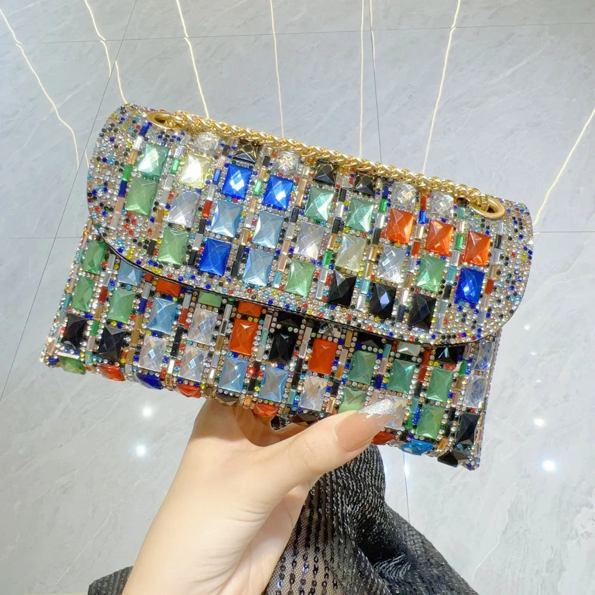 Shiny Glass Rhinestone Clutch Bag as Underarm or Shoulder Messenger Bag