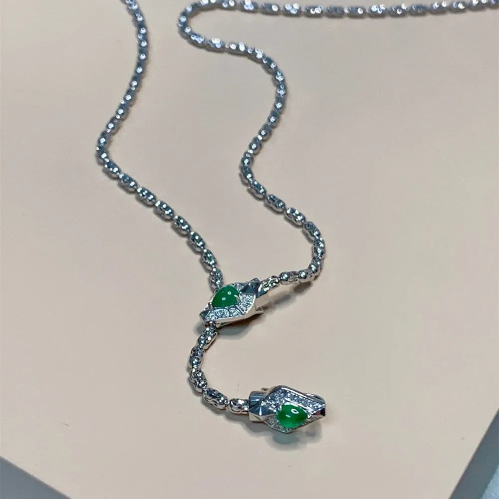 Shelly Real 18K White Gold Snake Necklace w/ Diamonds & Emeralds | AU750