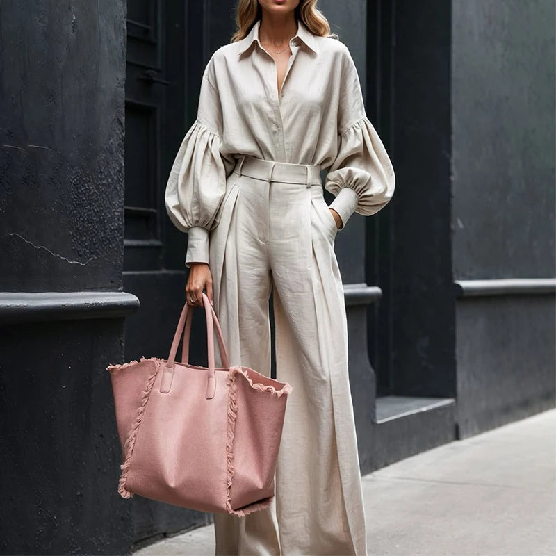 Elegant Lapel Lantern Sleeve 2-Piece Suit Set