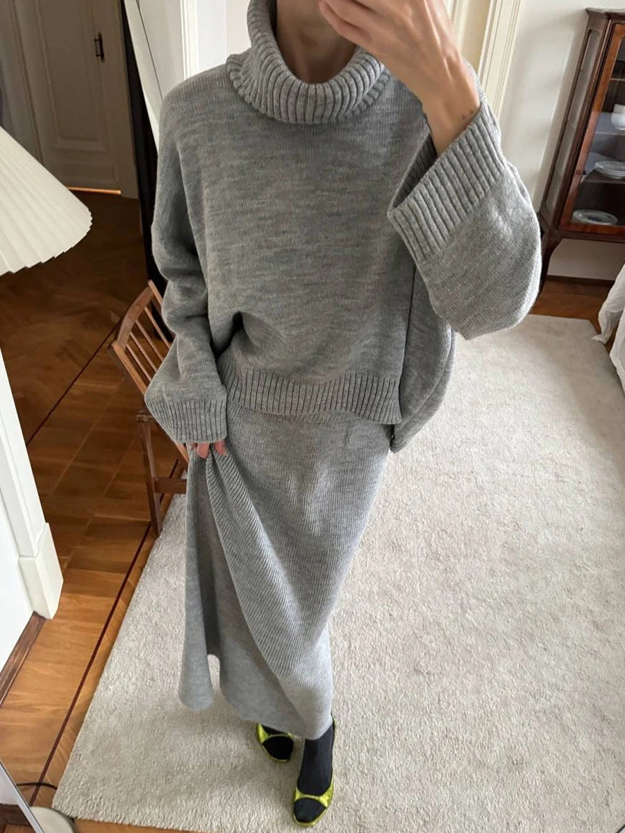 Blue Knit 2-Piece Set – Turtleneck Long Sleeve Sweater & Ankle-Length Skirt for Women