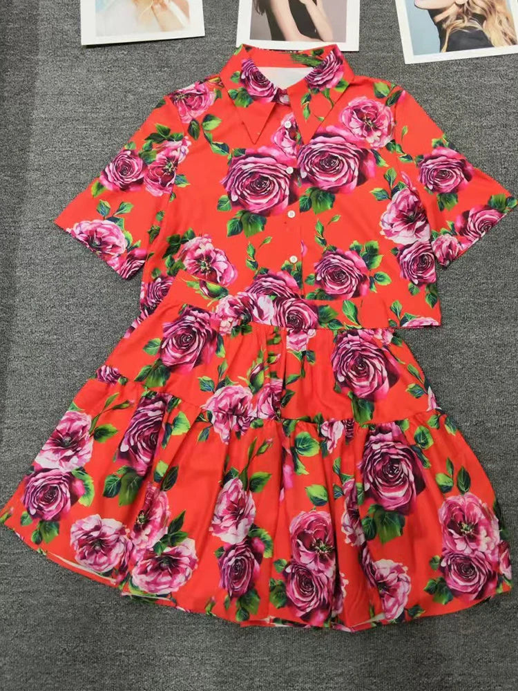 Retro Floral Two-Piece print single-breasted short-sleeved Joker Set