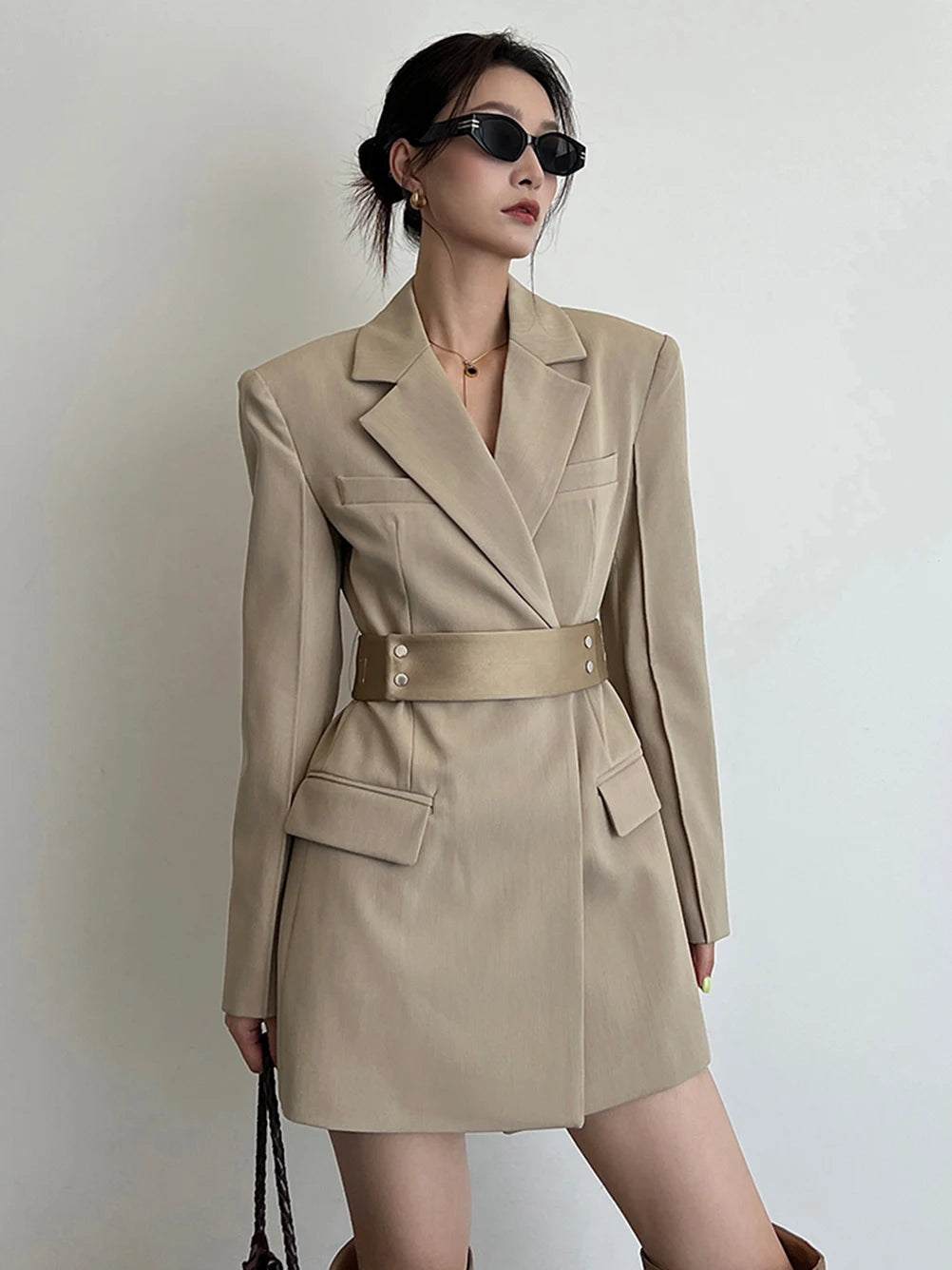 Women's Khaki Lace-Up Waist Elegant Suit Dress