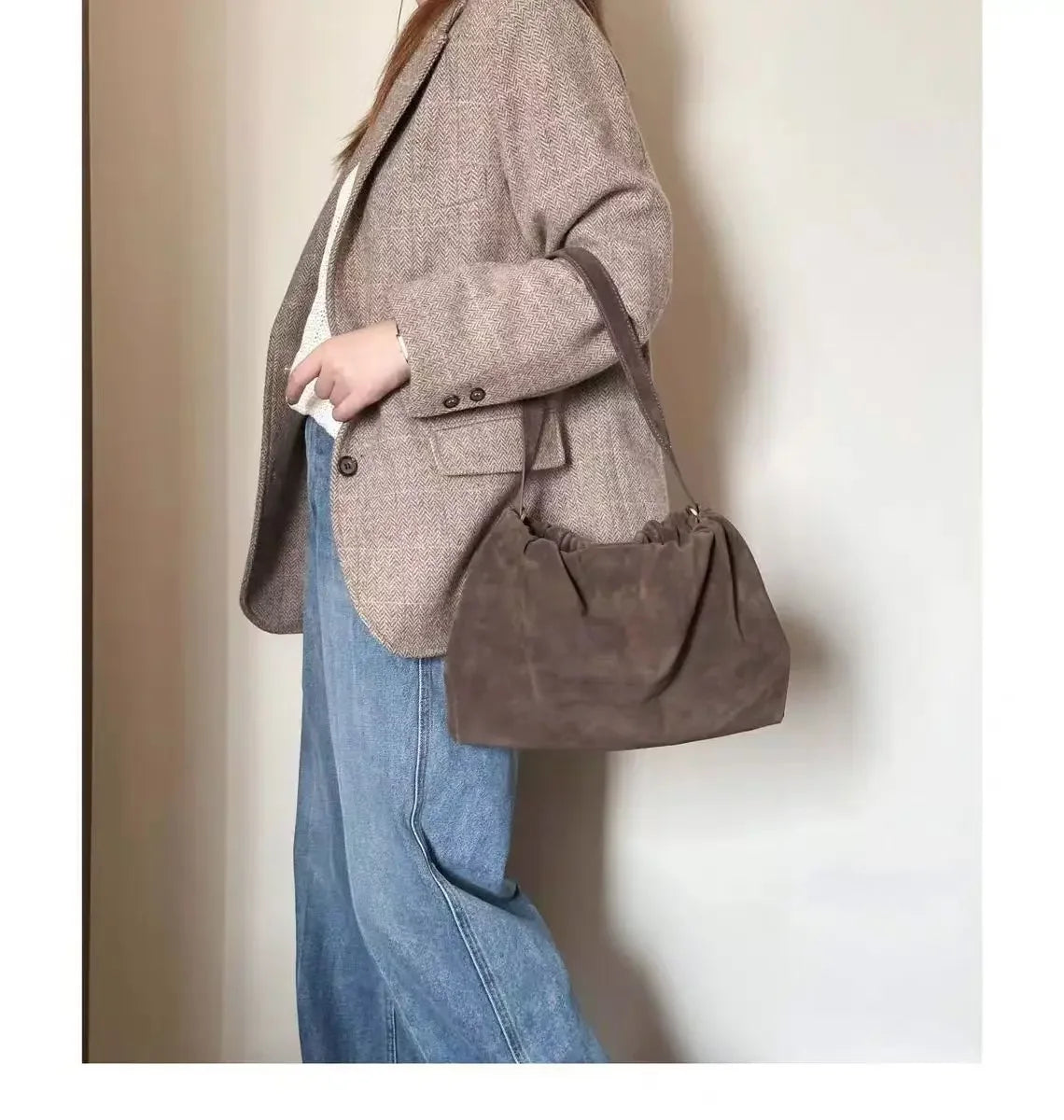 Elegant Khaki Coffee Matte Suede Shoulder Bag