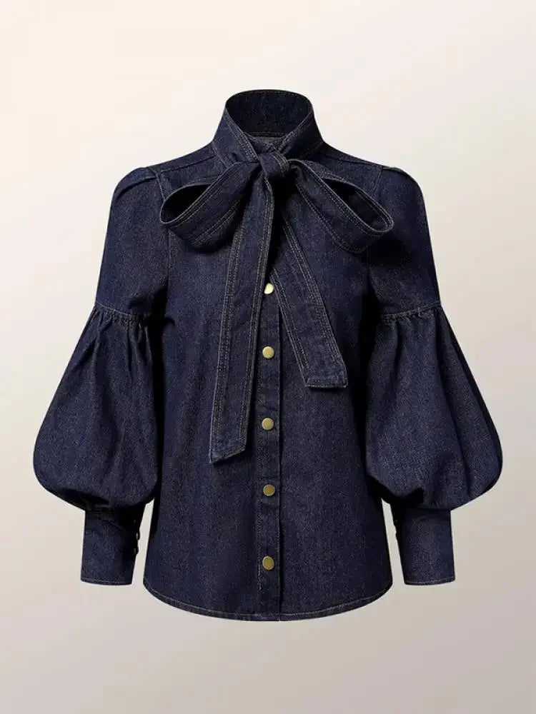 New Trendy Imitation Denim Blouse Puff Sleeves & Bow Neck for Women
