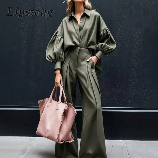 Elegant Lapel Lantern Sleeve 2-Piece Suit Set