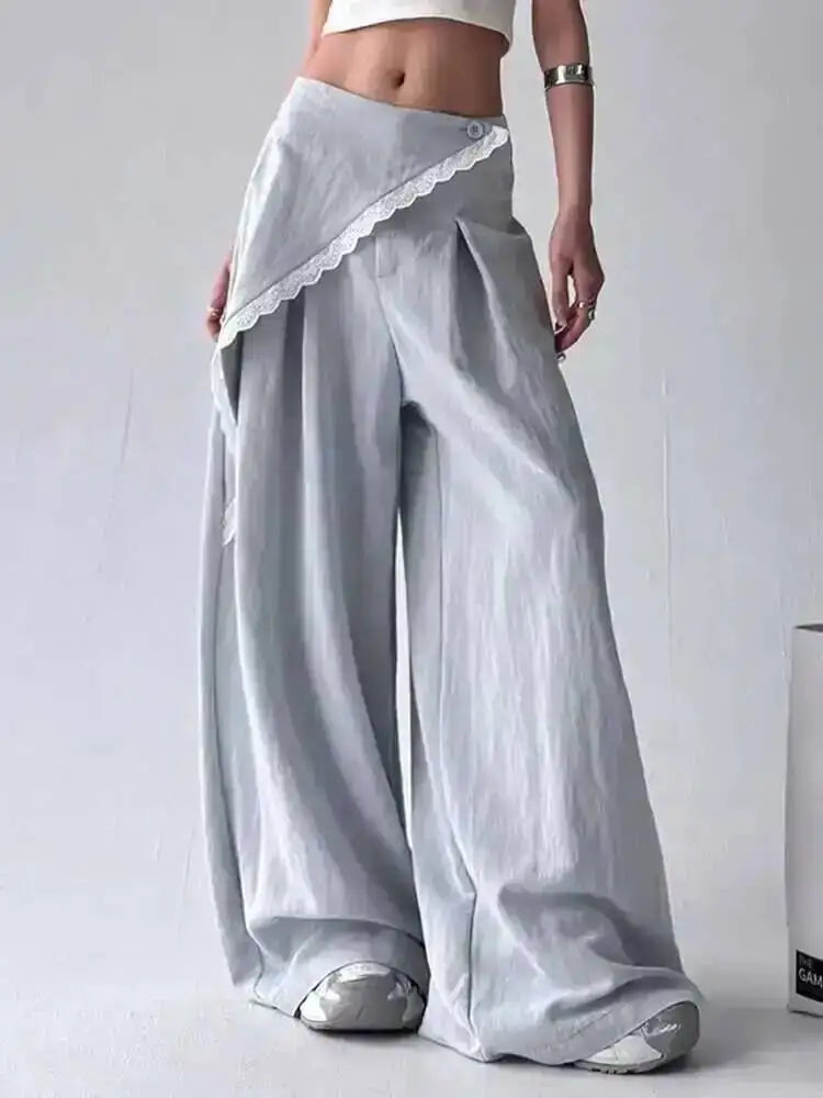 Blue Lace Spliced False 2-Piece High Waist Wide Leg Pants 2025
