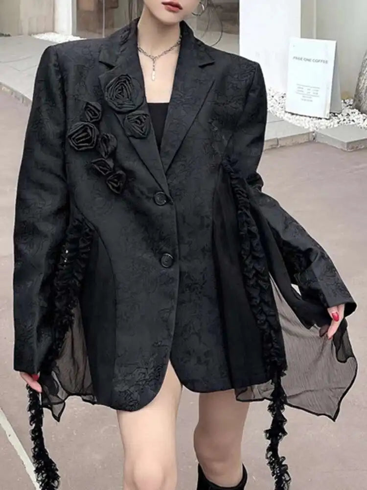 Women’s Black Plus Size Chiffon Spliced 3D Flower Lapel Blazer
