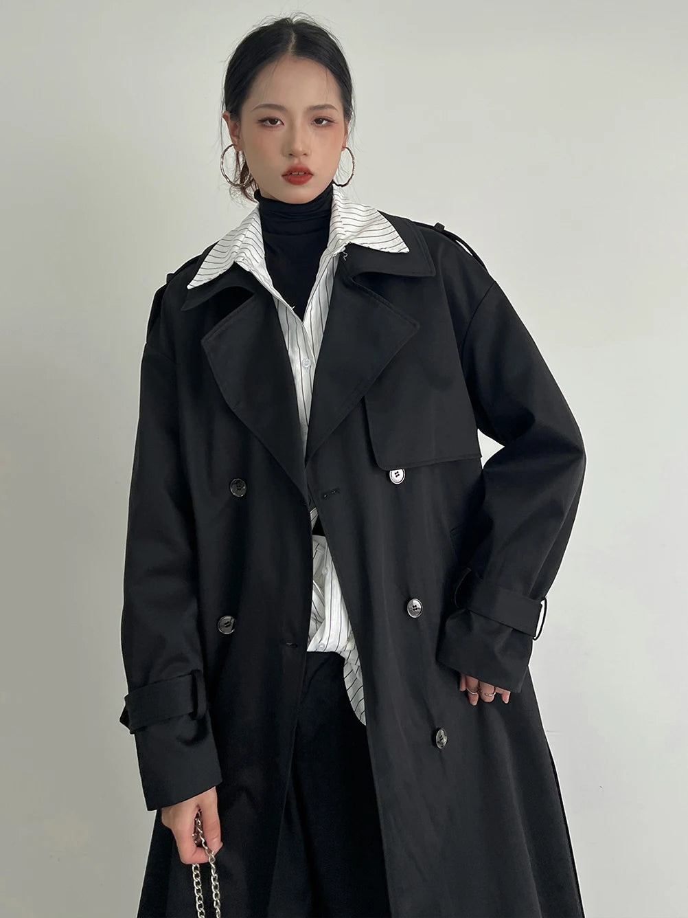 Women's Black Plus Size Long Trench Coat Autumn 2025