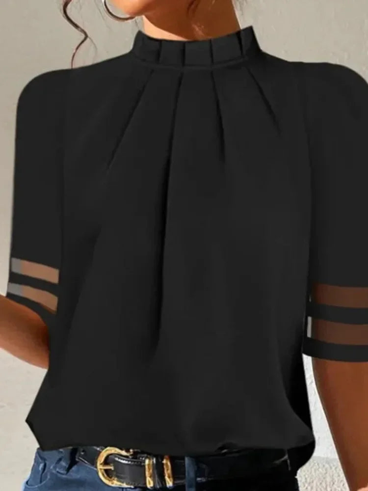 Black T-shirts Women Fashion Mesh Patchwork Half Sleeves Split-Joint Stand Collar Zipper Casual Pleated Tops Tees