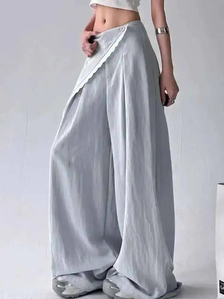 Blue Lace Spliced False 2-Piece High Waist Wide Leg Pants 2025
