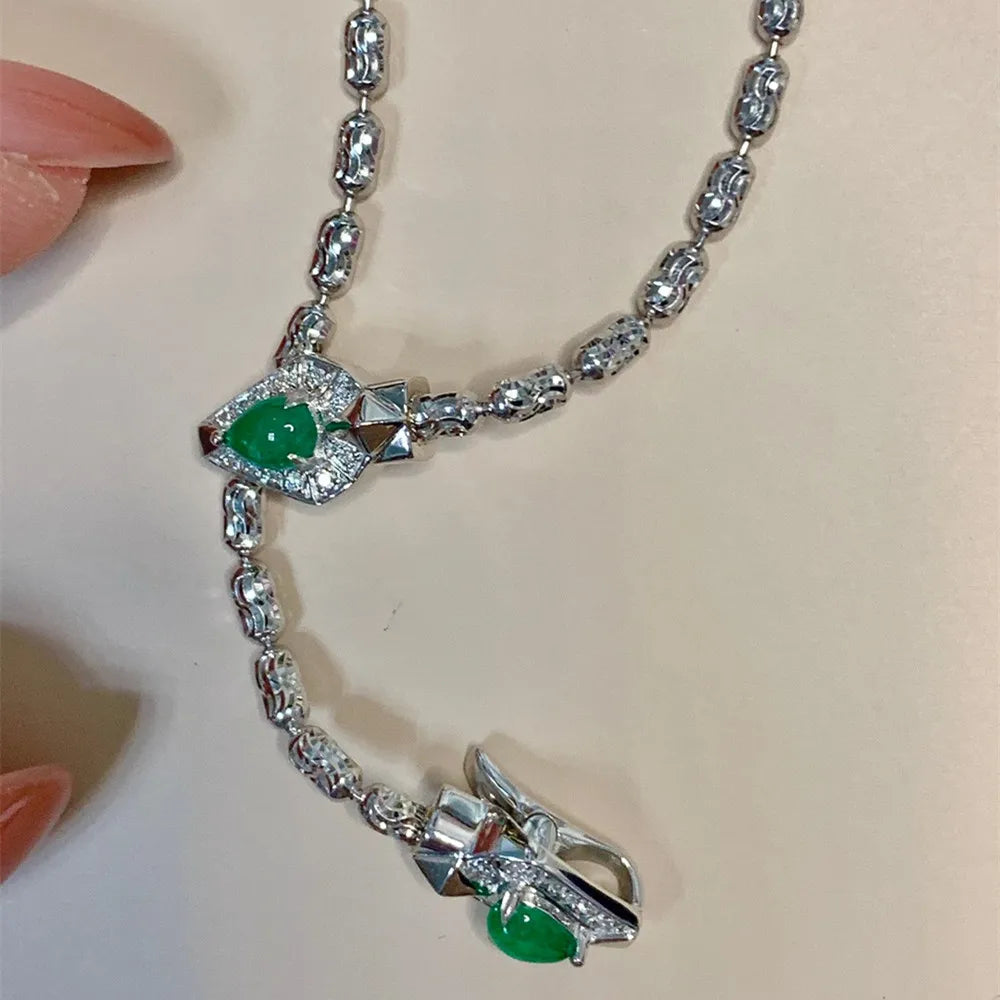 Shelly Real 18K White Gold Snake Necklace w/ Diamonds & Emeralds | AU750