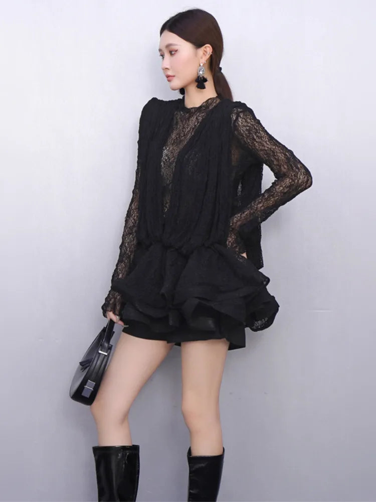 2025 Autumn New Women's Set Loose 3D Lace Hem Top Two Piece Fashion Elegant