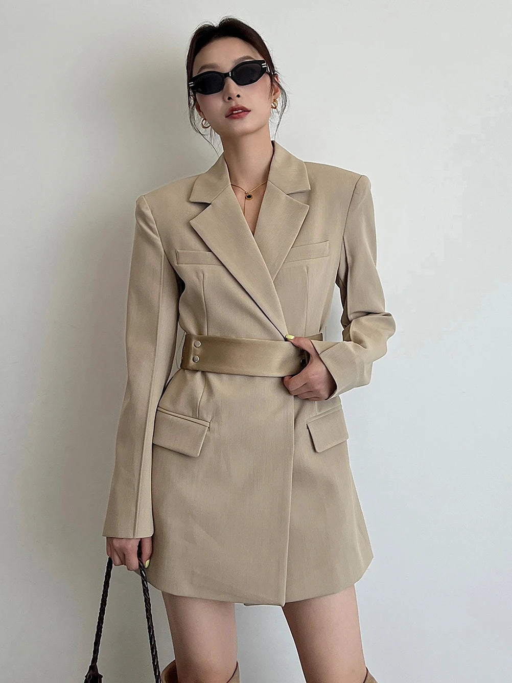 Women's Khaki Lace-Up Waist Elegant Suit Dress