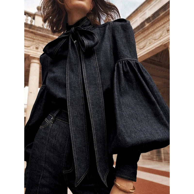 New Trendy Imitation Denim Blouse Puff Sleeves & Bow Neck for Women
