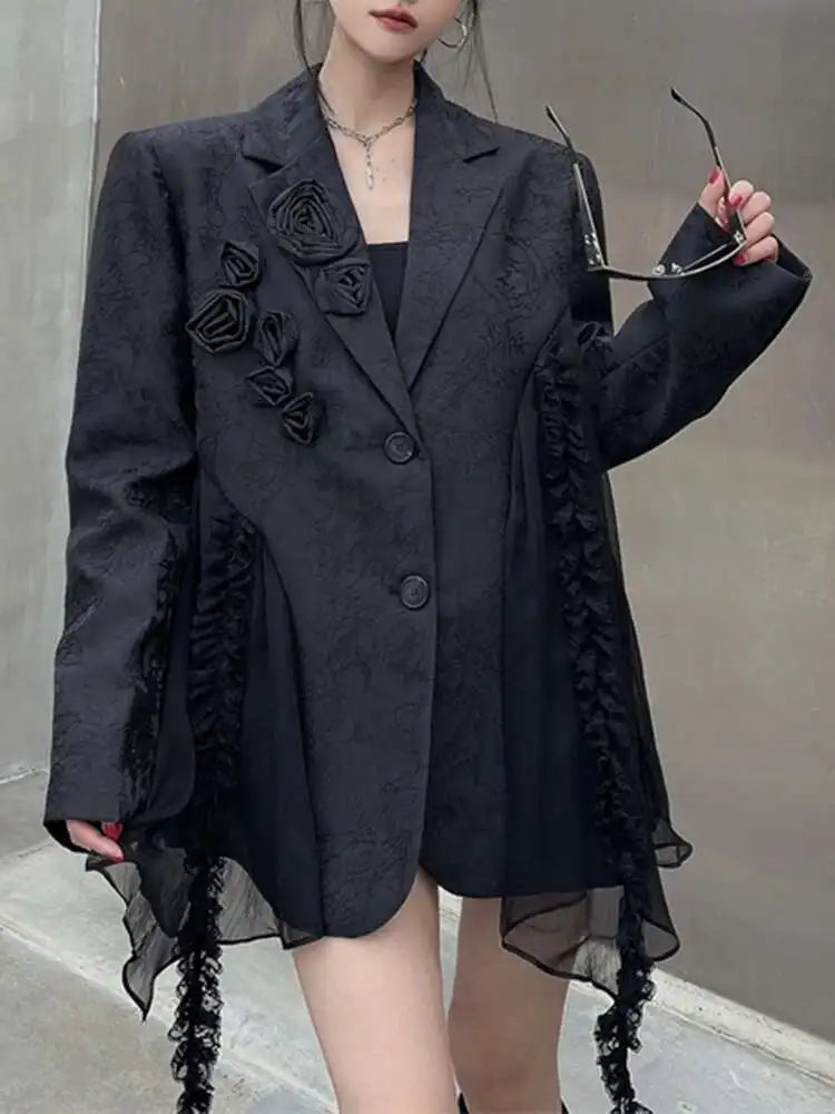 Women’s Black Plus Size Chiffon Spliced 3D Flower Lapel Blazer