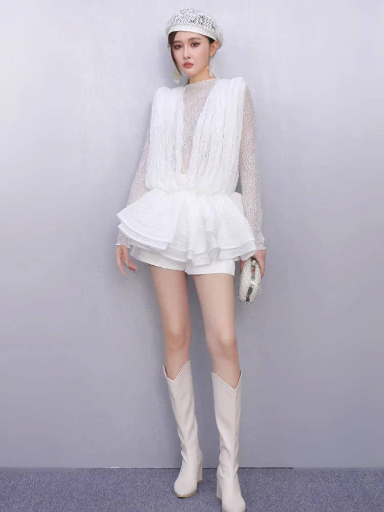 2025 Autumn New Women's Set Loose 3D Lace Hem Top Two Piece Fashion Elegant