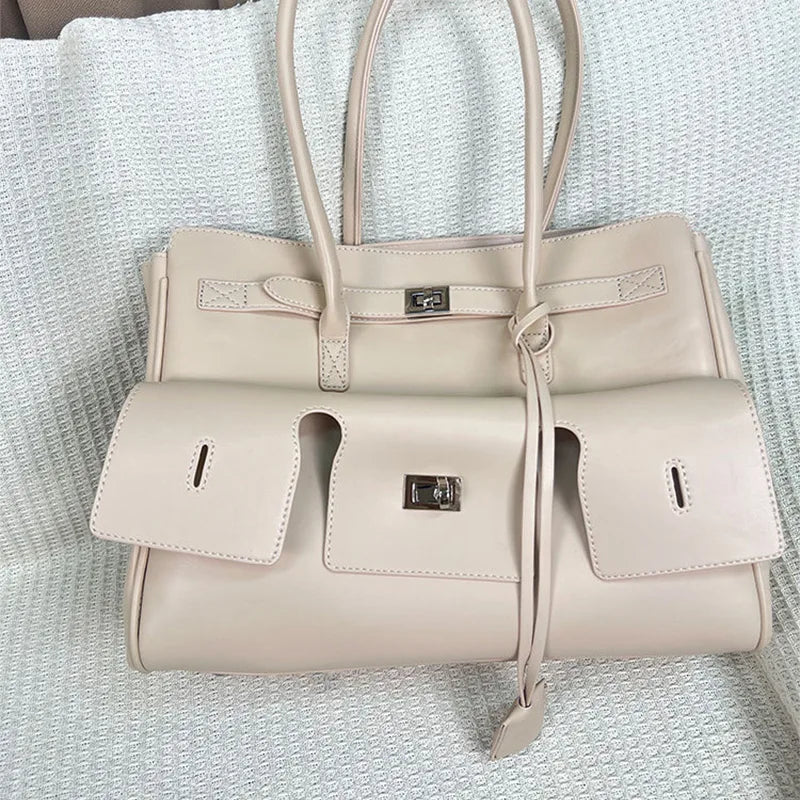 Luxury Leather Wing Tote Bag for Women – Large Lock Clutch Shoulder Bag