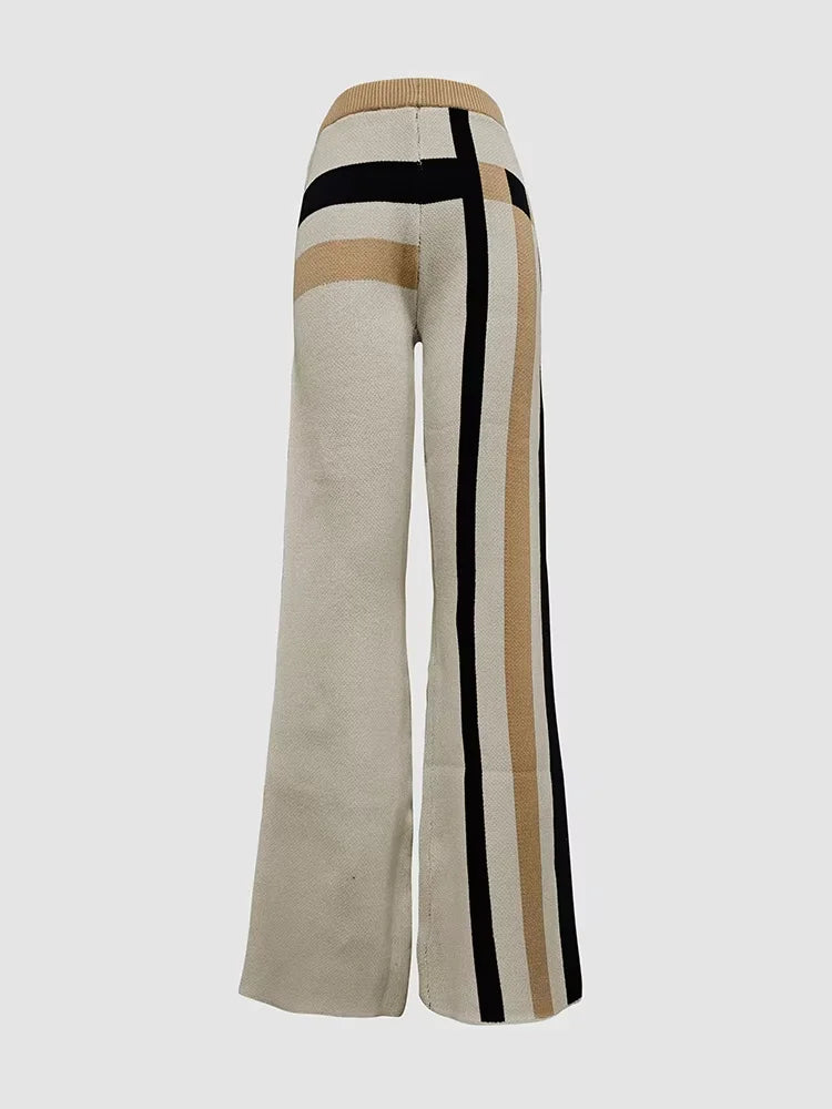 2 Piece Sets Women Outfit Pant Sets 2025 New Round-Neck Pullovers Khaki Sweater Striped Tops & Bottoms