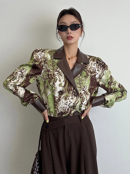 Women's Vintage PU Leather Spliced Blouse Autumn 2025 Fashion