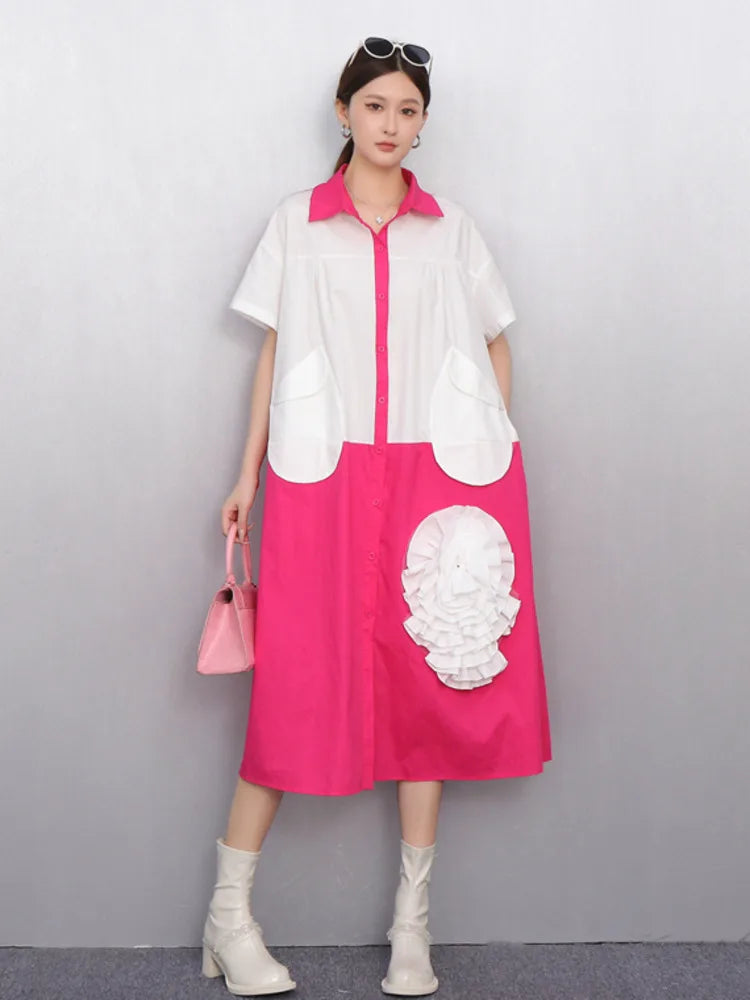 2025 Summer New Turn-down Collar Short Sleeve Single Breasted Dress Women