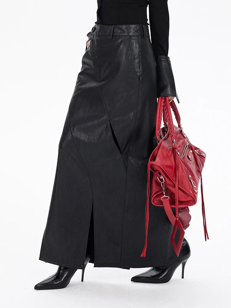 High Waist Black PU Leather Hollow-Out Back Slit Elegant Pencil Skirt New 2025