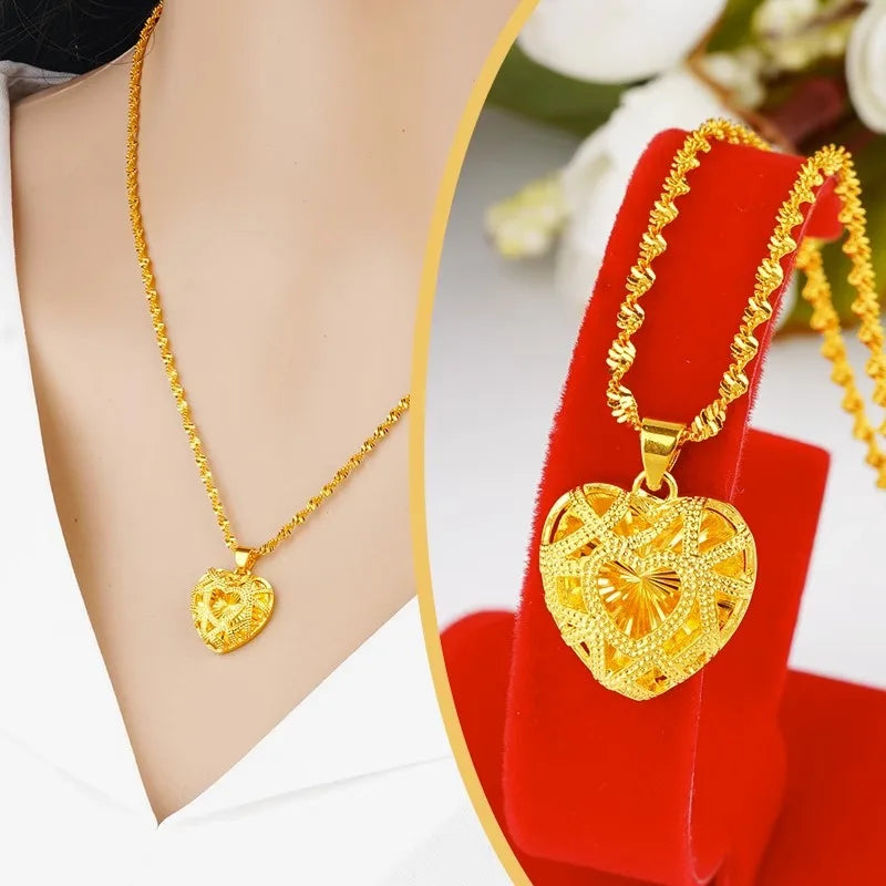 24K Gold Butterfly Heart-Shaped Pure AU999 Necklace