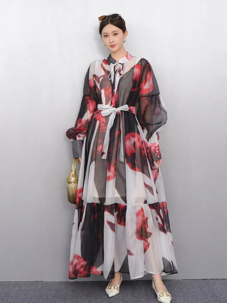 2025 Summer New O Neck Long Sleeve Loose Mid Long Styles Girdling Waist Dress Women