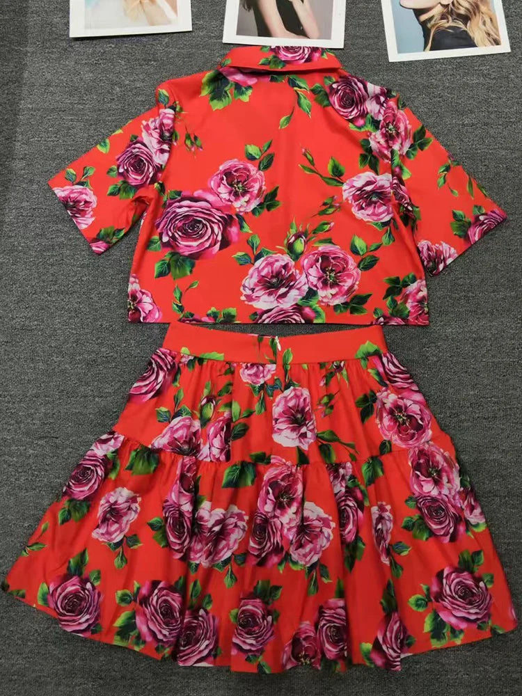 Retro Floral Two-Piece print single-breasted short-sleeved Joker Set