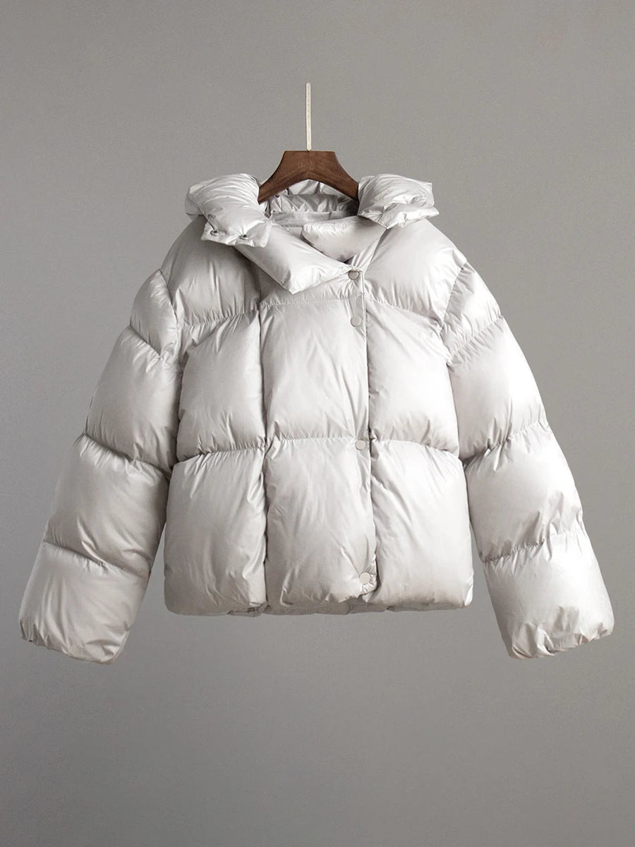 Gray Oversized Short Hooded Puffer Coat  Parka for Autumn Winter 2025