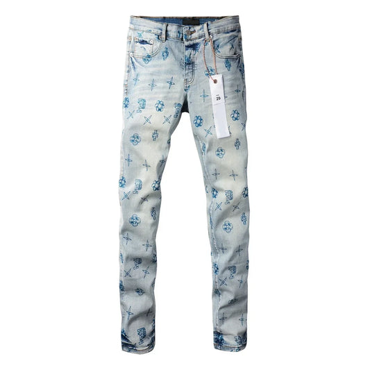 High quality Purples jeans Men High street blue print letters Fashion Repair Low Rise