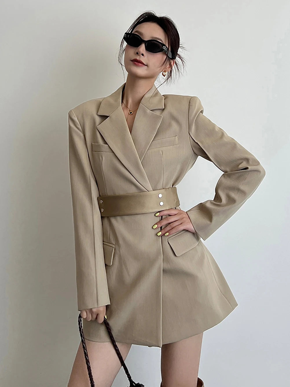 Women's Khaki Lace-Up Waist Elegant Suit Dress