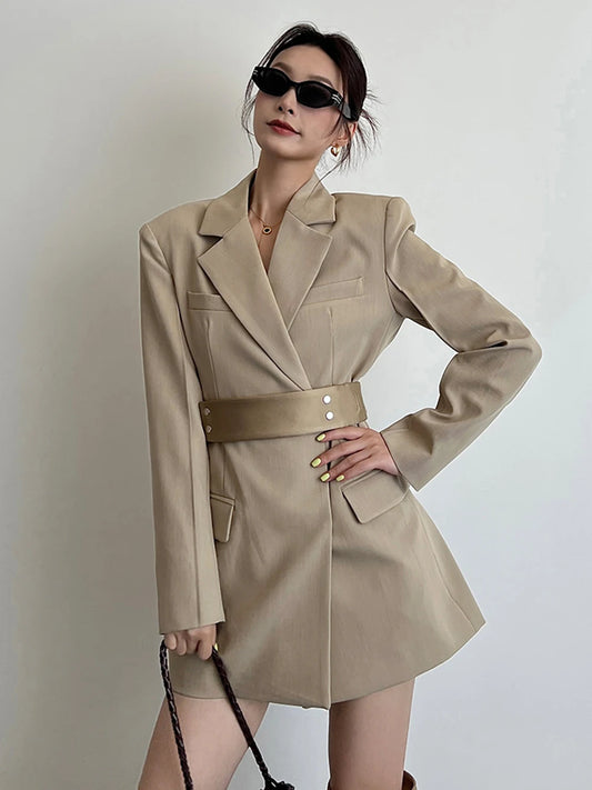 Women's Khaki Lace-Up Waist Elegant Suit Dress
