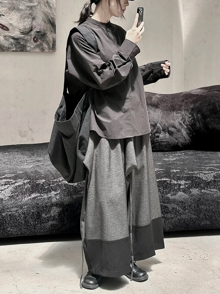 High Elastic Waist Dark Gray Irregular Bandage Wide Leg Pants Autumn 2025