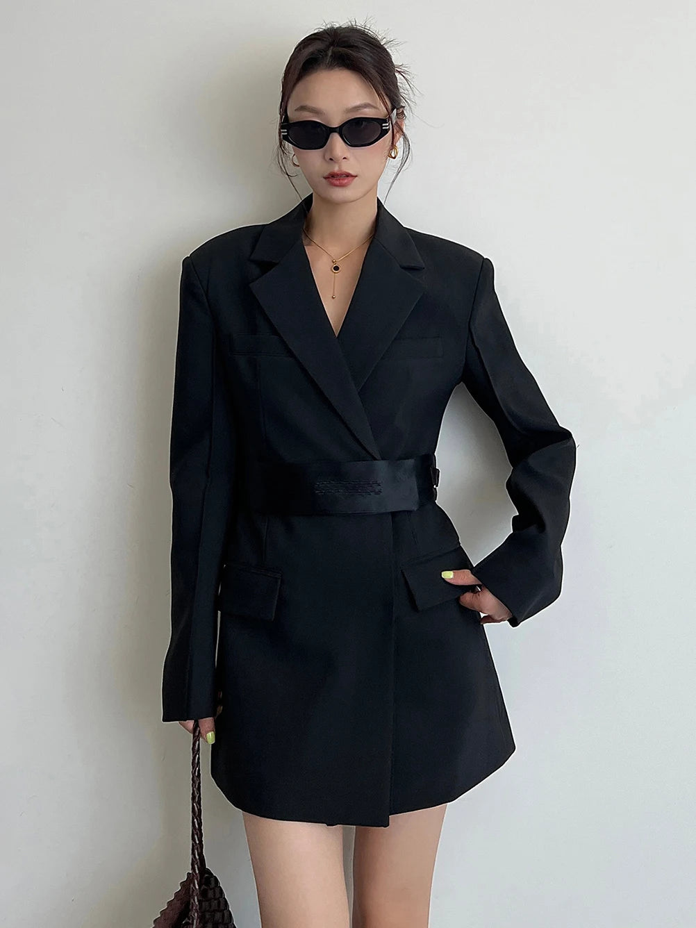 Women's Khaki Lace-Up Waist Elegant Suit Dress