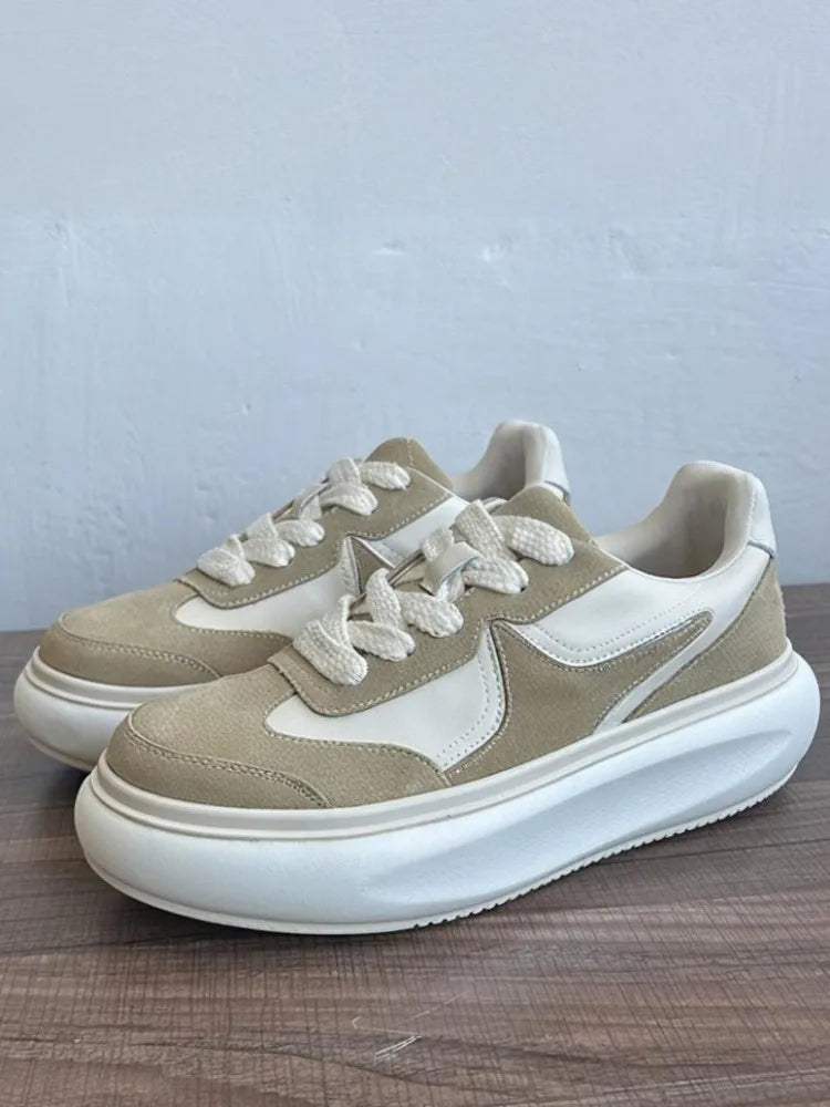 Youth Trend Solid Color Round Toe Platform Unisex Sneakers Handmade Genuine Leather Casual Shoes