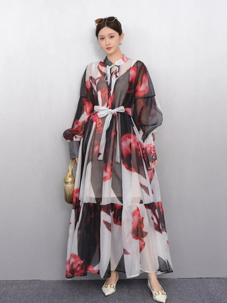 2025 Summer New O Neck Long Sleeve Loose Mid Long Styles Girdling Waist Dress Women