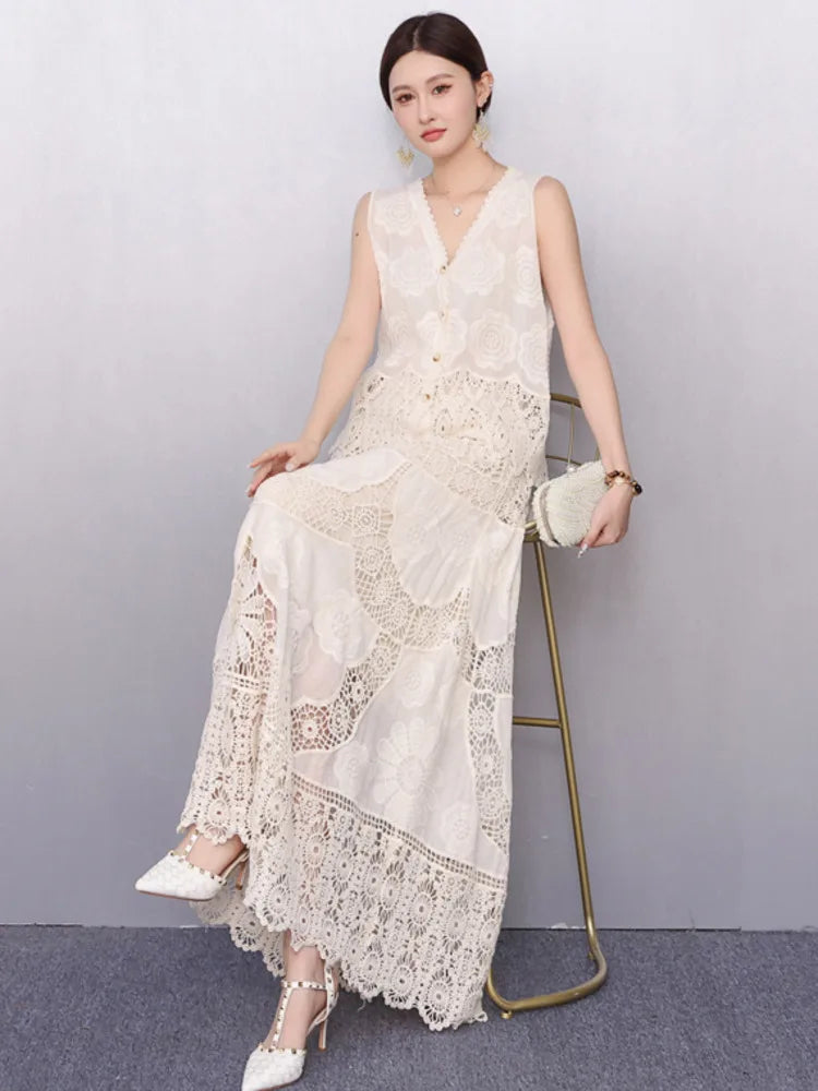 New Elegant V-Neck Lace Embroidery Single Shirt and Skirt Summer Outfit Set