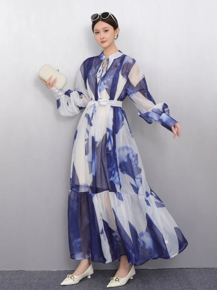 2025 Summer New O Neck Long Sleeve Loose Mid Long Styles Girdling Waist Dress Women