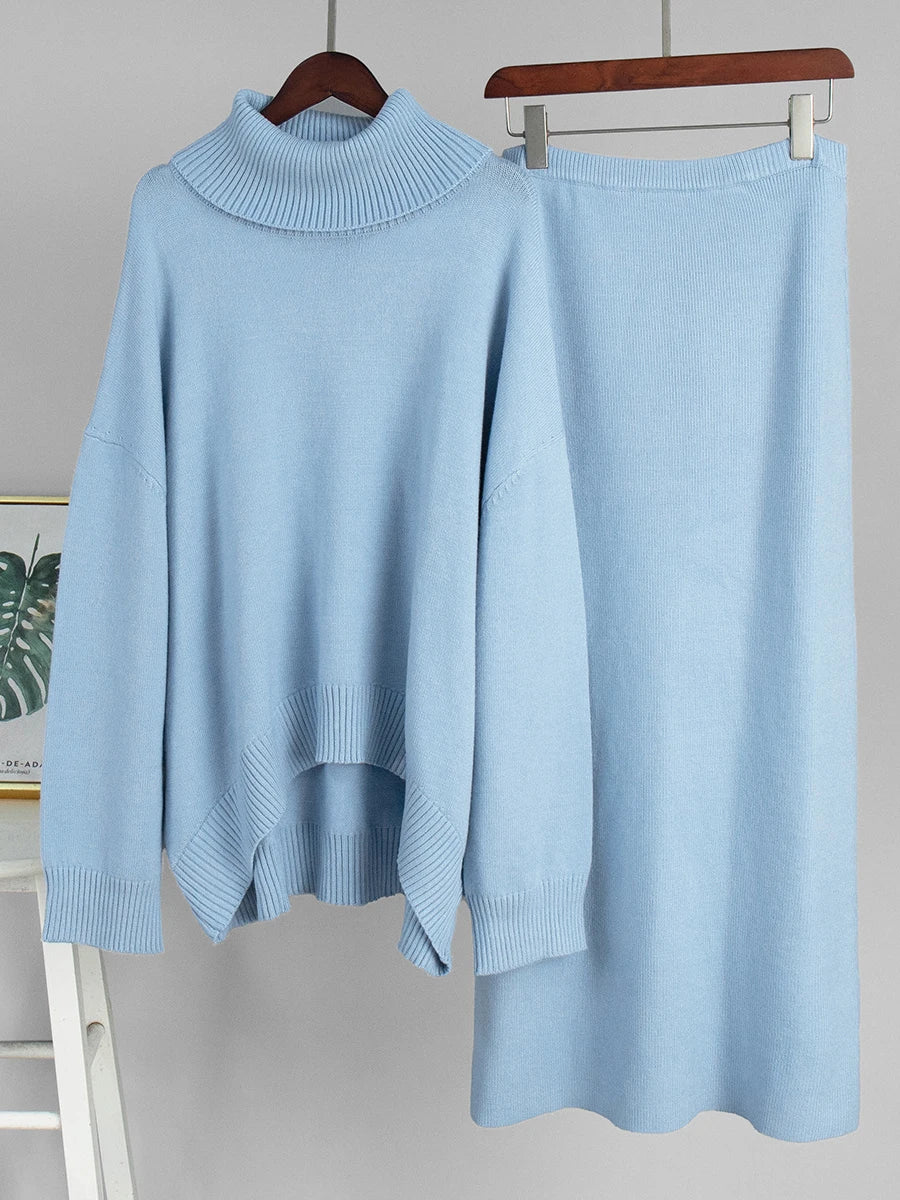 Blue Knit 2-Piece Set – Turtleneck Long Sleeve Sweater & Ankle-Length Skirt for Women