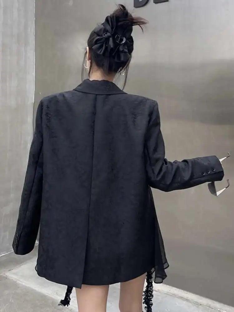 Women’s Black Plus Size Chiffon Spliced 3D Flower Lapel Blazer