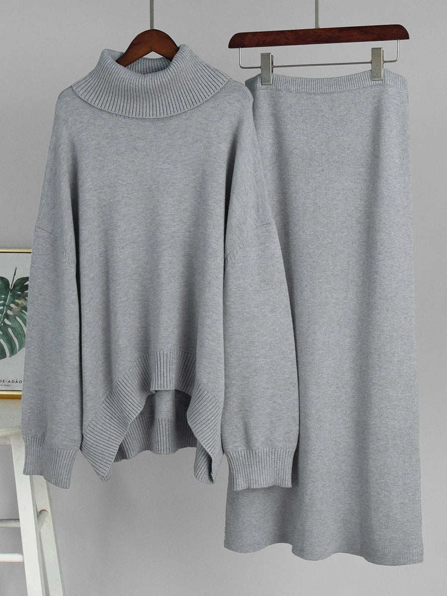 Blue Knit 2-Piece Set – Turtleneck Long Sleeve Sweater & Ankle-Length Skirt for Women