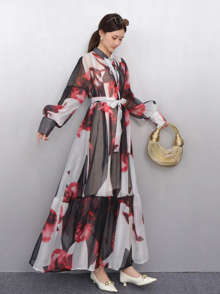 2025 Summer New O Neck Long Sleeve Loose Mid Long Styles Girdling Waist Dress Women