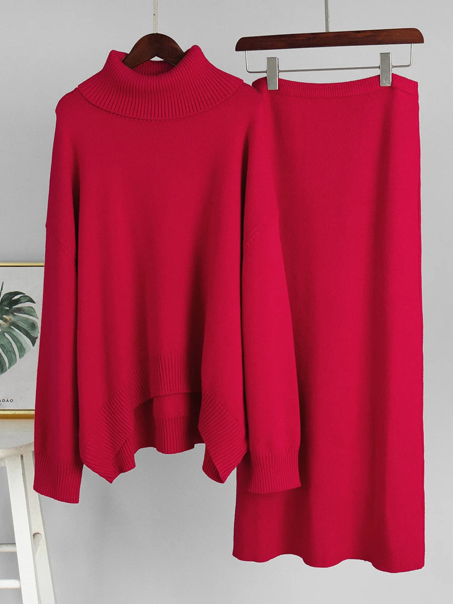 Blue Knit 2-Piece Set – Turtleneck Long Sleeve Sweater & Ankle-Length Skirt for Women