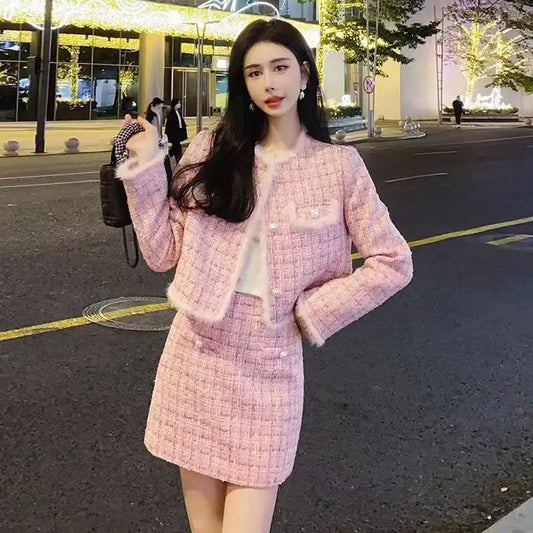 2025 Autumn Winter Sweet Elegant Tweed Short Jacket + Skirt Two-piece Set