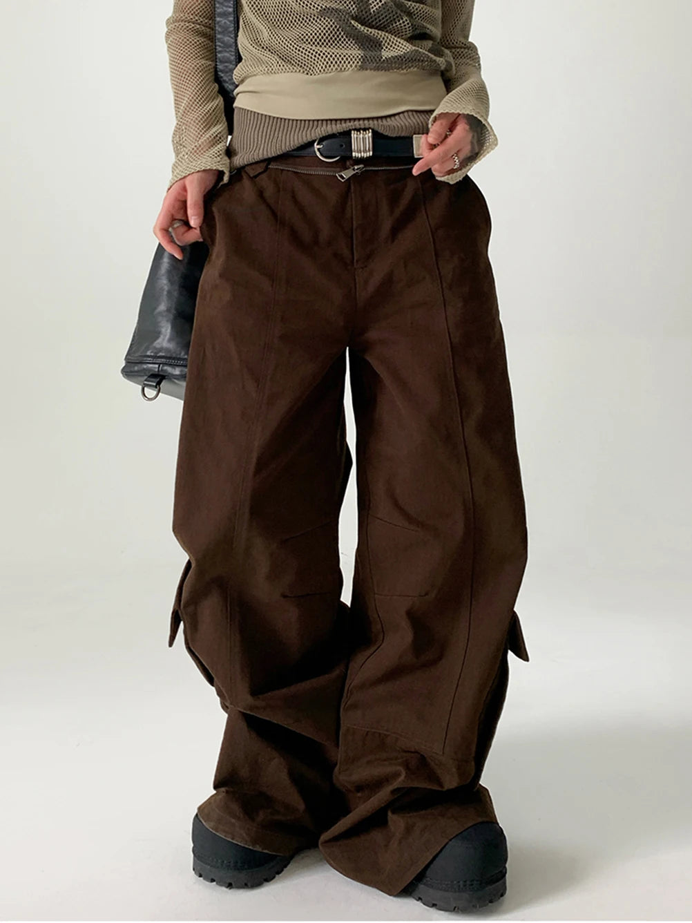 Caramel High-Waisted Wide Leg Cargo Pants for Women