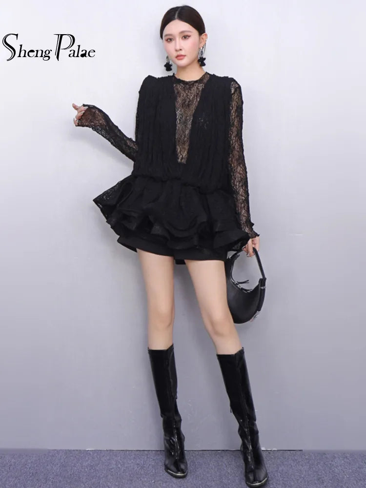 2025 Autumn New Women's Set Loose 3D Lace Hem Top Two Piece Fashion Elegant