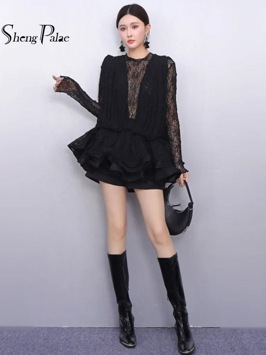 2025 Autumn New Women's Set Loose 3D Lace Hem Top Two Piece Fashion Elegant