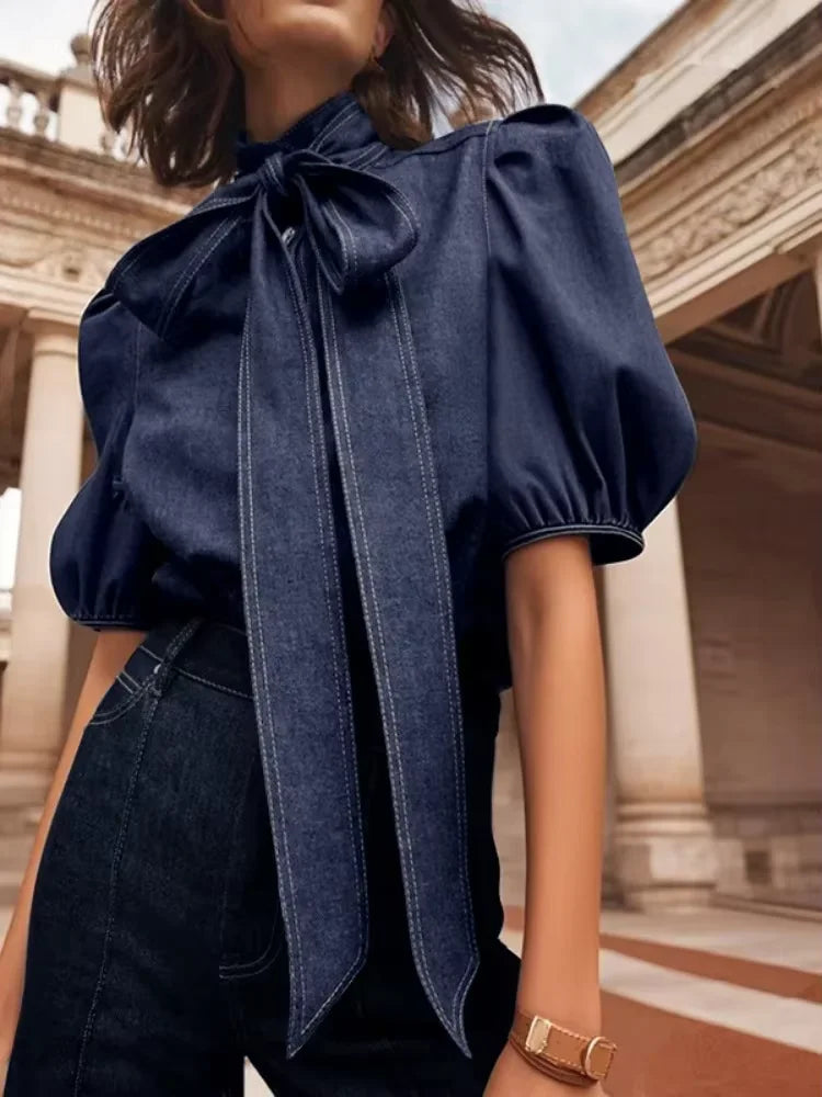New Trendy Imitation Denim Blouse Puff Sleeves & Bow Neck for Women